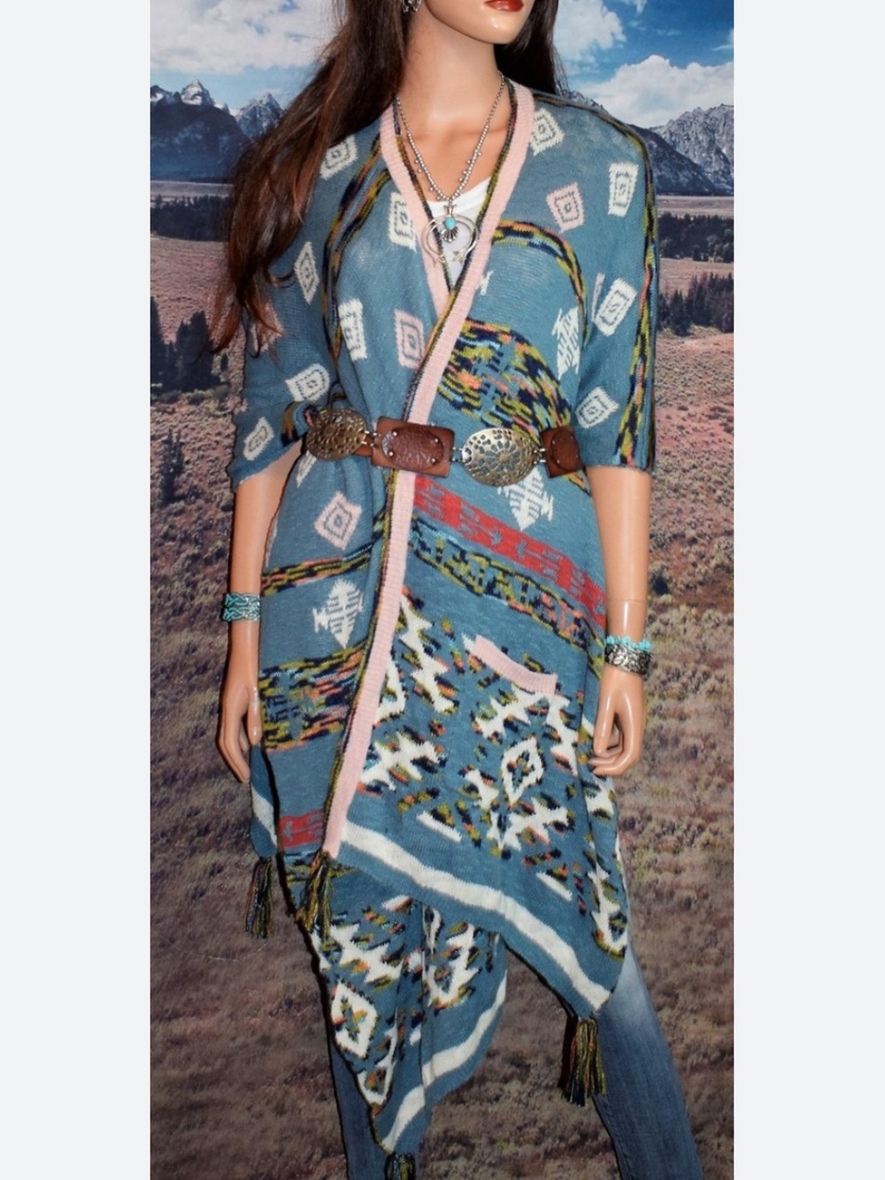 Sundance Pink and Blue Open Knit Cardigan sweater poncho M/L